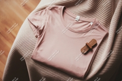 Pink t shirt mockup with wooden accent clothing Product Image 1