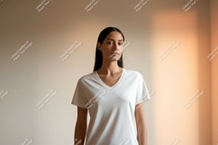 Woman wearing plain white v-neck t-shirt image Product Image 1