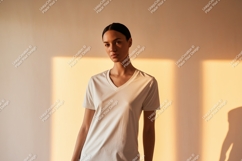 Woman wearing white v neck t shirt mockup image Product Image 1
