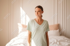 Woman wearing light green v-neck t-shirt casual Product Image 1