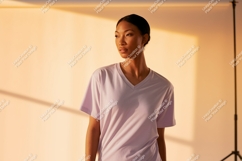 Woman wearing light purple v-neck t-shirt clothing Product Image 1