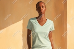 Woman wearing light blue v-neck t-shirt image Product Image 1