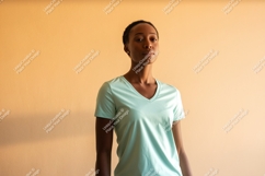 Woman wearing light blue v-neck t-shirt mockup Product Image 1