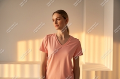 Woman wearing peach v-neck t-shirt apparel Product Image 1