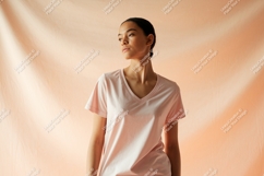 Woman wearing pink v-neck t-shirt apparel Product Image 1