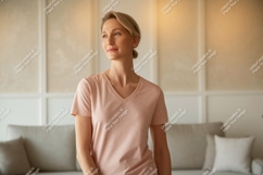 Woman wearing peach v neck t shirt vneck Product Image 1