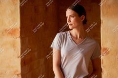 Woman wearing grey v-neck t-shirt mockup Product Image 1