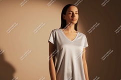Woman wearing light grey v-neck t-shirt apparel Product Image 1