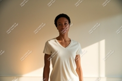 Woman wearing white v neck t shirt image Product Image 1