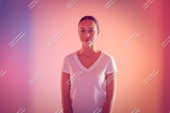 Woman wearing white v-neck t-shirt portrait Product Image 1