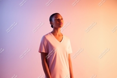 Woman wearing v-neck shirt pink peach Product Image 1
