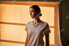 Woman wearing plain v-neck t-shirt light Product Image 1