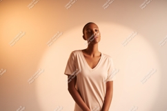 Woman wearing v-neck shirt peach light Product Image 1