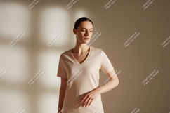 Woman wearing plain v-neck t-shirt clothing apparel Product Image 1