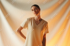 Woman wearing textured v-neck top beige Product Image 1