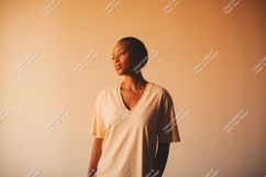 Woman wearing light colored v-neck t-shirt vneck mockup Product Image 1