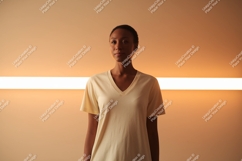 Woman wearing cream v-neck t-shirt mockup Product Image 1