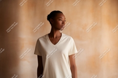Woman wearing cream v-neck t-shirt mockup Product Image 1