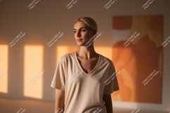 Woman wearing beige v-neck t-shirt mockup Product Image 1