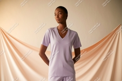Woman wearing lavender v neck shirt mockup vneck Product Image 1