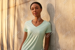 Woman wearing light green v-neck t-shirt apparel Product Image 1