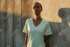 Woman wearing light green v neck t shirt image Product Image 1