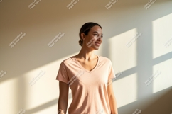 Woman wearing peach v-neck t-shirt mockup image Product Image 1