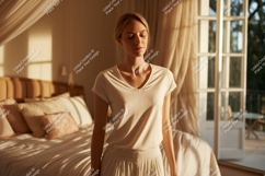 Woman meditating in sunlit bedroom meditation Product Image 1