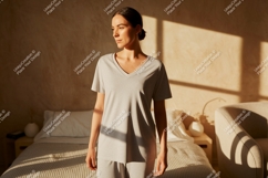 Woman wearing casual loungewear vneck t-shirt Product Image 1