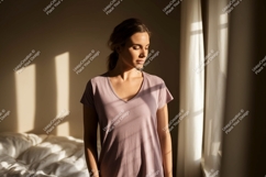 Woman wearing pink t shirt in sunlit room t-shirt v-neck Product Image 1