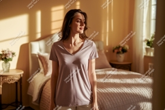 Woman wearing v neck t shirt mockup Product Image 1