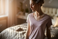 Woman wearing satin sleep shirt vneck Product Image 1