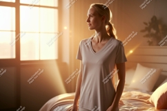 Woman wearing light colored t shirt indoors image Product Image 1