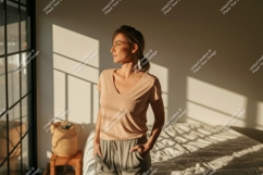Woman in casual wear looking out window clothing t-shirt Product Image 1