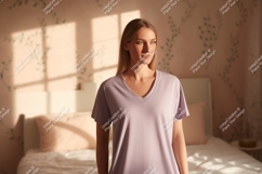 Woman wearing lavender t-shirt in bedroom light Product Image 1