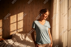 Woman wearing light blue v-neck t-shirt image Product Image 1