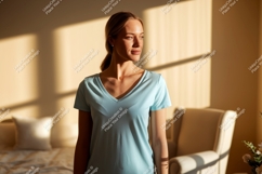 Woman wearing light blue t shirt image Product Image 1