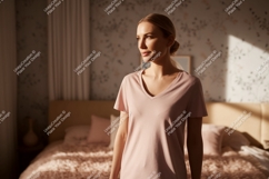 Woman wearing pink t-shirt in bedroom v-neck Product Image 1