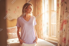 Woman wearing v neck shirt vneck lavender Product Image 1