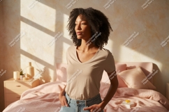 Woman wearing beige v-neck t-shirt jeans Product Image 1