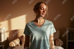 Woman wearing light blue v-neck shirt image Product Image 1