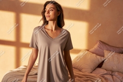 Woman wearing v neck t shirt mockup image Product Image 1