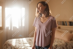 Woman wearing v neck t shirt mockup image Product Image 1