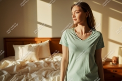 Woman wearing v-neck t-shirt light green Product Image 1