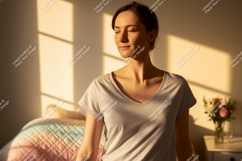 Woman enjoying morning sunlight grey t-shirt Product Image 1