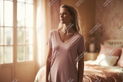 Woman wearing pink v-neck t-shirt mockup Product Image 1