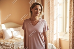 Woman wearing v neck t shirt t-shirt v-neck Product Image 1