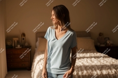 Woman wearing light blue v-neck shirt image Product Image 1
