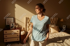 Woman wearing light blue v-neck t-shirt image Product Image 1