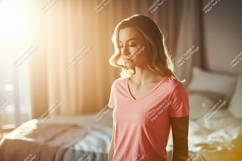 Woman wearing pink t-shirt v-neck blonde Product Image 1
